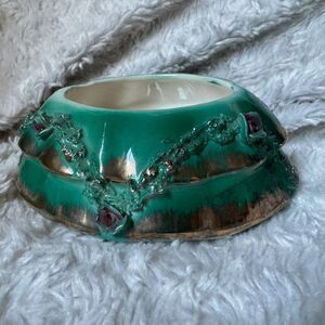 Vintage Mid Century Modern Pottery Bowl Majolica Style Glaze Green and Red Roses